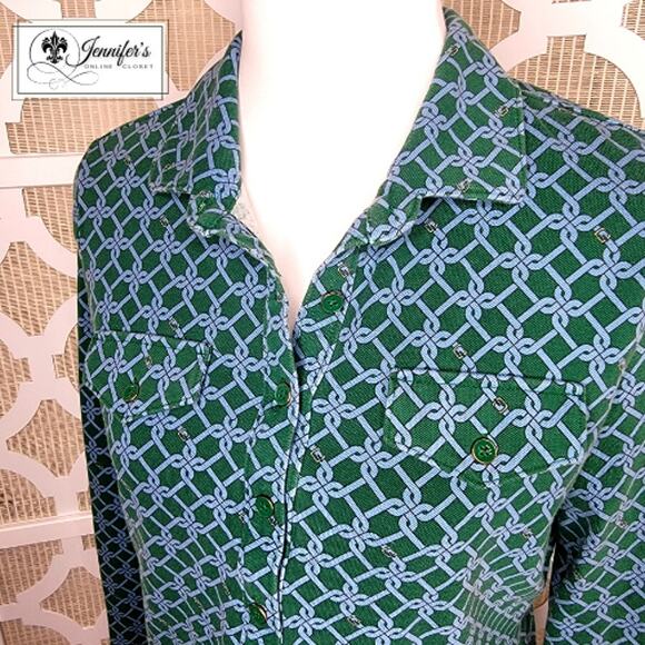 Talbots Green with Blue Belt and Buckle Print Long Sleeve Top Size M - Picture 2 of 11